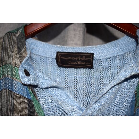 Ogetti Italy Mixed Media Plaid & Knit Short-Sleeve Top Blue Green Gray – Size 46 - Picture 3 of 4